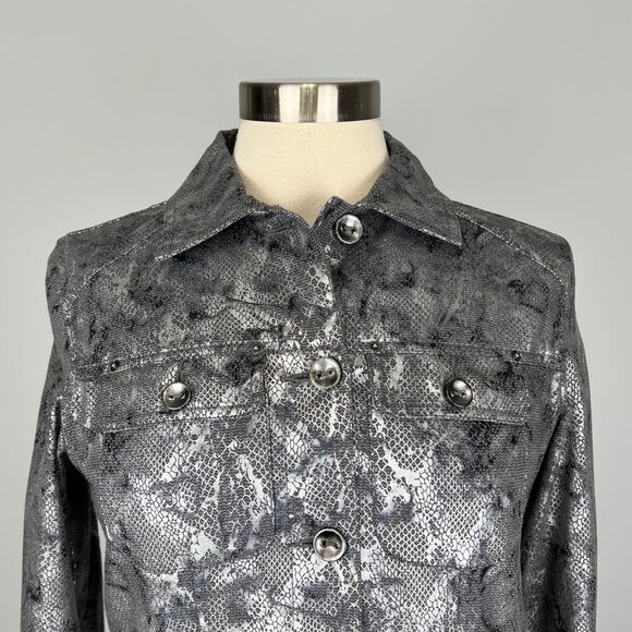 Chicos Womens Python Print Jacket Metallic Gray Button Front size Small - Picture 3 of 13